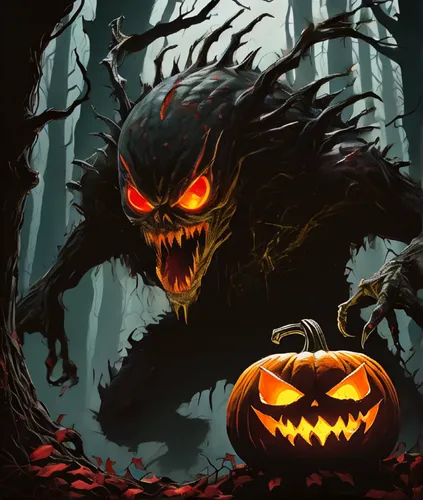 A grotesque, slimy pumpkin-headed creature with glowing red eyes and razor-sharp claws, slinking through a dark and eerie forest, (scary:1.3), (horror movie:1.2), (grotesque:1.1), (creepy:1.1), (slime