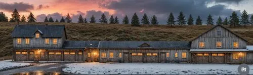 CAN YOU GIVE THIS RENDITION A WATERCOLOR APPEARANCE?
,a barn with an evening sky at the side,the cabin in the mountains,house in the mountains,log cabin,house in mountains,winter house,mountain huts,l