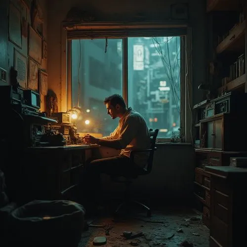 Within a decrepit apartment, illuminated solely by the flickering light of a malfunctioning neon sign outside the window, a man sits at a cluttered desk. Surrounded by obsolete electronics and stacks 
