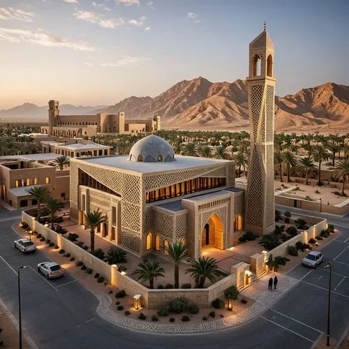 {
  "model": "desert_mosque_complex",
  "prompt": "Large mosque with dome and tall minaret in desert landscape with palm trees and mountains",
  "style": "architectural realism",
  "resolution": "1920
