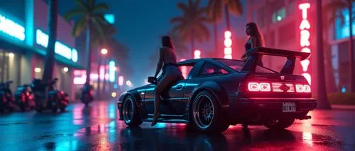 miami beach,cyberpunk car,girls on bikes,a woman is riding in an old car at night,outrun,night lights,corvette,neon,nightlife,nightshades,urban,dusk,cinematic,cityscape,night highway,neon lights,cyber