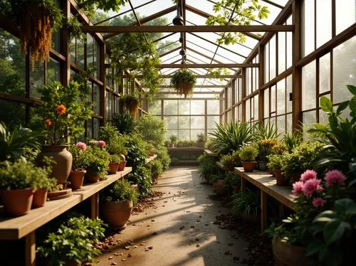 Vibrant greenhouse, lush tropical plants, warm natural light, misty atmosphere, humid climate, exotic flowers, bright colors, earthy tones, wooden accents, rustic metal frames, vintage gardening tools