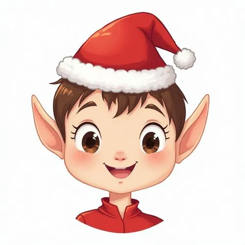 llustration of a cartoon elf head wearing a Santa hat. Create a split image showing a black and white outline version on the left and a full-color version on the right. Cute, cheerful style for childr