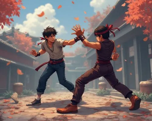 Street Fighter characters, Mortal Kombat, Tekken, Fighting game, Martial arts poses, two characters fighting, heath bars, One v one fight,an animated image of two characters fighting each other,fighti
