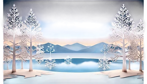 Winter landscape, snow-covered trees, frozen lake, misty atmosphere, soft focus, cold lighting, panoramic view, frosty air, snowflakes gently falling, serene composition, pastel color tone, shallow de
