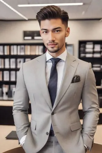 a man in suit and tie standing in front of shelves,shahzaib,men's suit,shivdasani,minhaj,mikaal,real estate agent