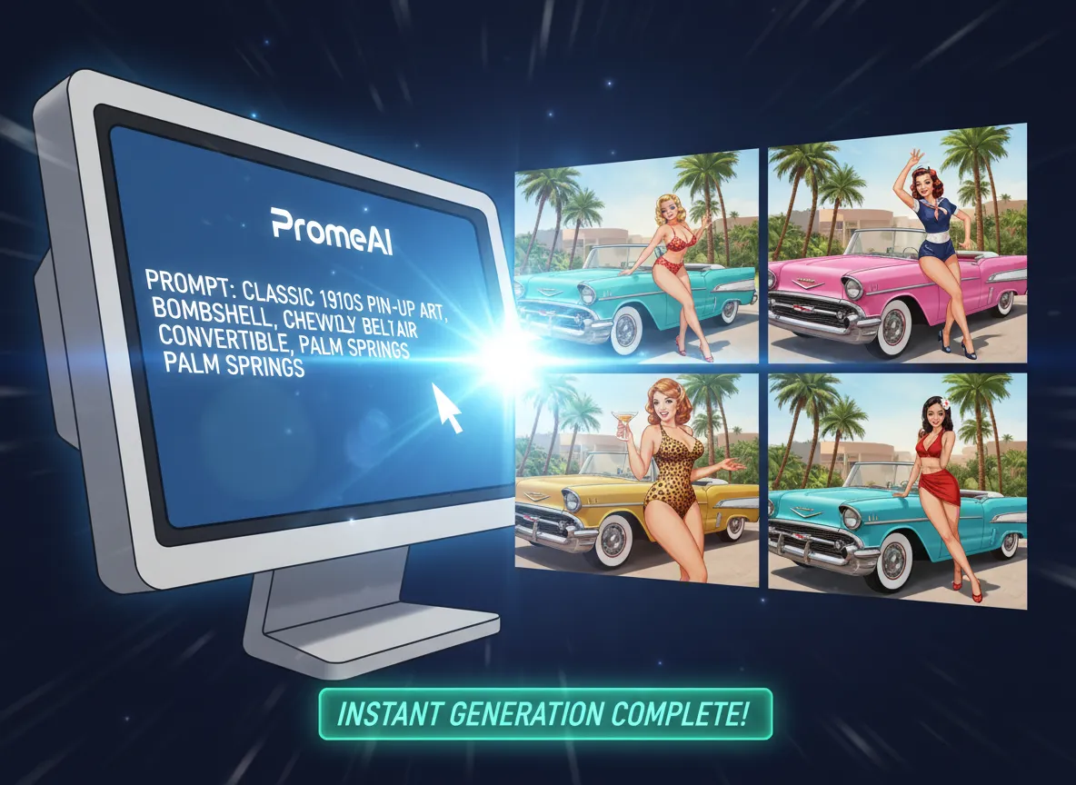 Una grafica in stile animazione che mostra un prompt di testo digitato in PromeAI e quattro immagini di Pin-up Art di alta qualità che appaiono istantaneamente.