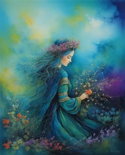 a painting depicting the goddess and flower,fairy peacock,flower painting,girl in flowers,faerie,mystical portrait of a girl,splendor of flowers,faery,fantasy art,fantasy picture,faeries,flower fairy,