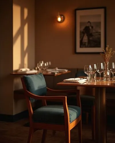 Create an image of a cozy restaurant interior during the golden hour, emphasizing a warm and inviting atmosphere. The color palette should consist of rich browns, soft amber tones and deep shadows, cr