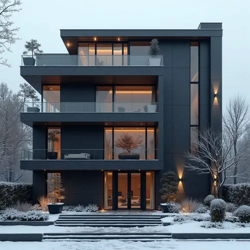  A luxurious, ultra-modern, three-story mansion with a sleek, dark gray marble facade and prominent vertical columns, situated in a refined, upscale residential setting. The exterior features large fl