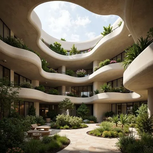 Curvaceous buildings, fluid lines, natural stone materials, earthy color palette, lush green roofs, blooming flowers, organic shapes, free-form structures, undulating walls, wavy patterns, sustainable
