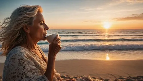 a 45 years old woman drinking a cup of coffee at the beach, looking to the ocean  watching sunset
,a beautiful blonde woman sitting on a beach next to the ocean,woman drinking coffee,beach background,