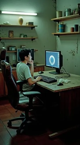 A dimly lit, run-down gaming setup in a neglected Taiwanese room. The young Asian man sits in front of two monitors on a scratched, worn-out wooden desk, surrounded by peeling, stained concrete walls.