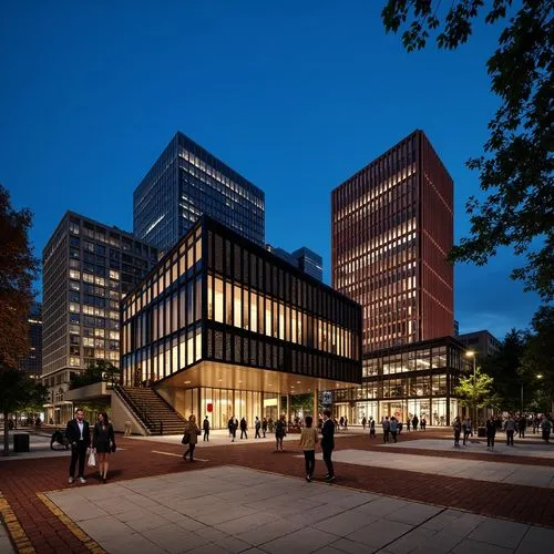 an open plaza, commercial building in chiccago, behind is the tall office building, nightscape, plaza with alot people walking on the street, perforated metal cladding facade, glass, warm interior lig