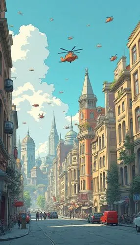 a photorealistic 3d illustration of future bright urban life by Hergé and Moebius. Flying objects going in the urban sky

,some helicopters flying over a city with lots of buildings,zeppelins,cartoon 
