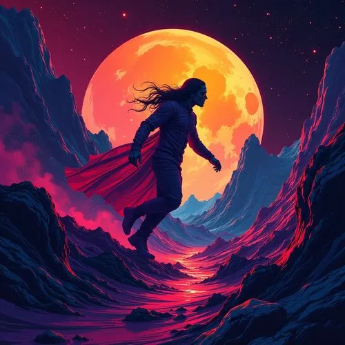 kaling,a poster depicts a super hero flying from a high cliff into the sky with an orange and blue moon in the background,violinist violinist of the moon,castlevania,moon walk,inuyasha,moonwalked,luna