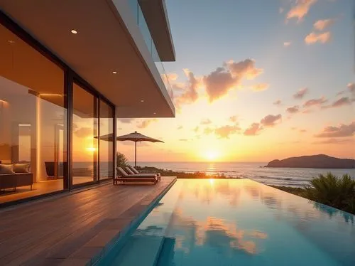 imagine a stunning visual of a modern beachfront villa at sunset, with warm golden light cascading through floor-to-ceiling windows. Set your professional camera to aperture priority mode, f/8, ISO 20