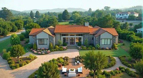 A striking aerial photograph captured by a drone looking down at an oblique angle, revealing the entire side profile of a beautiful, modern, small size, an opulent and affluent but modest single-famil