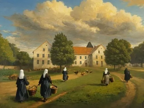 add gray goats and geese, canvas painting style,nuns,sedlacek,convent,mesdag,heemskerck,seminary,benedictines,agricultural scene,nunnery,trappists,church painting,village scene,pastoral,monjas,dutch l