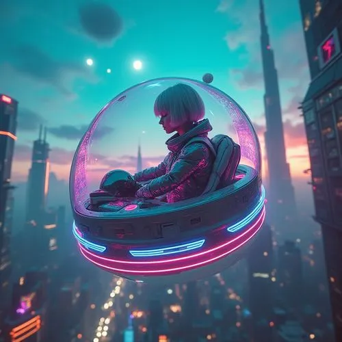 A woman in a sleek, form-fitting retro-futuristic spacesuit pilots a glass sphere bubble spaceship, gliding through a vibrant sci-fi landscape. The spaceship, a transparent bubble with glowing neon ci