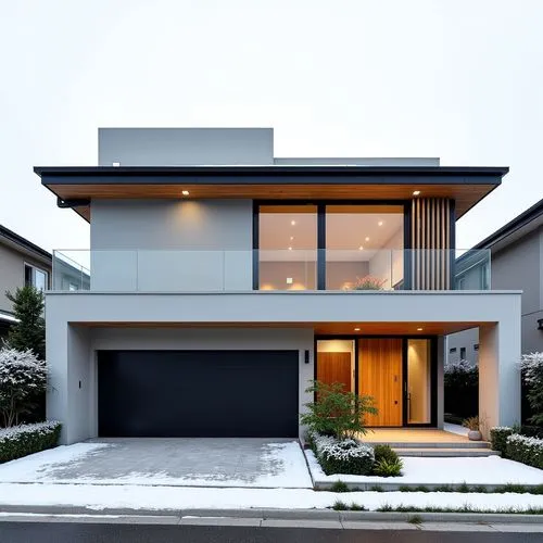 Design the facade of a two-story residential house located on a corner lot, with a 10-meter frontage. The house follows a minimalist style, featuring clean lines and modern materials such as concrete,