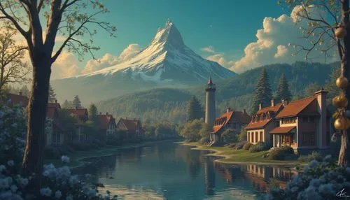 LOFI,a painting with trees and houses near water,fantasy landscape,erebor,riftwar,fantasy picture,gondolin,mountain settlement