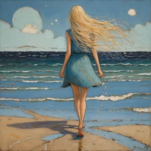 slim blonde girl with long hair walking on the beach with sandals in her hand.
the water wets his feet,girl on the dune,man at the sea,el mar,the wind from the sea,sea breeze,girl walking away,sea-sho