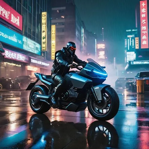 .In the heart of Night City, neon lights flicker against the rain-soaked streets. A mercenary leans against his modified hoverbike, exhaling smoke into the humid air. His cybernetic arm whirs softly a