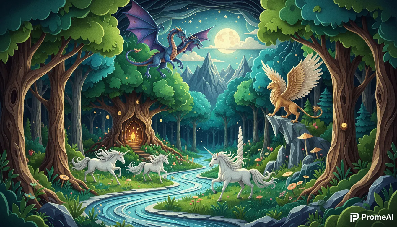 Un paesaggio vivace e dettagliato di una foresta mitica realizzato con ritagli di carta, che mostra più strati di alberi e creature con un forte senso di profondità, creato con PromeAI.