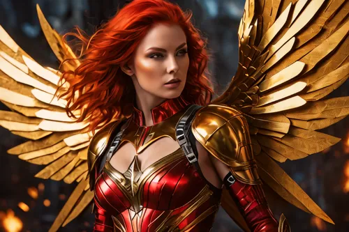 depicting Zara Stripesong, red hair, the captivating female superhero. Her alternating bands of glossy fiery red and brilliant gold armor define her sleek physique. Show her translucent wings shimmeri