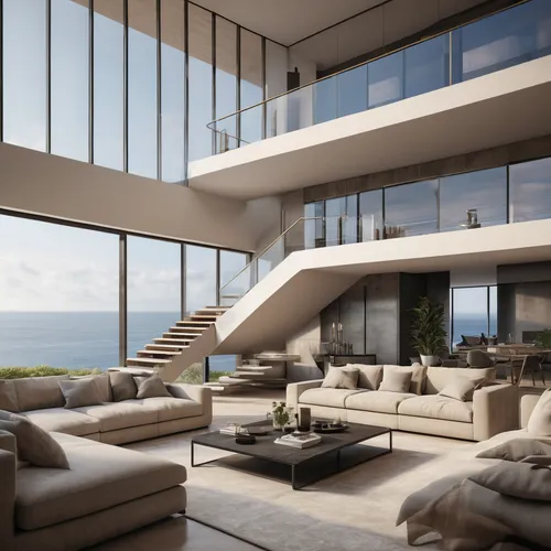 a large modern living room has stairs leading up to the ocean, in the style of minimalist grids, dark silver and beige, realistic landscapes with soft edges, monochromatic hues, luxurious, detailed ma