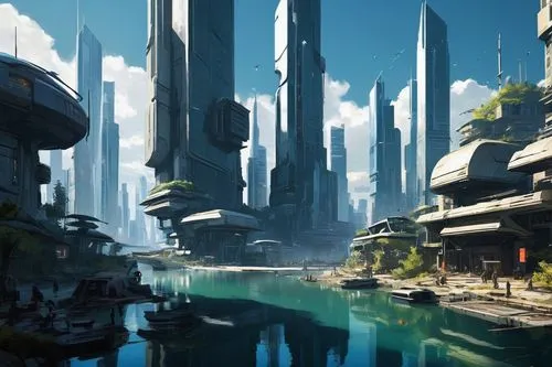  Game Scene, Wild angle view  Game Scene, Wild angle view a beautiful utopia  futuristic city, on the lake shore, modern  buildings,an futuristic city and a river near by,futuristic landscape,ancient 