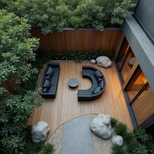 A modern minimalist courtyard with wood flooring, surrounded by green trees and plants, featuring an outdoor seating area with black sofas, gray circular tables, white pebbles on the ground, and large