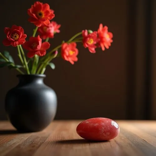 exclusive red chalk stone elegant decoration on table,delicate red flower in black vase
,the vase has red flowers in it next to the red rock,rose fruit,pomegranate,red fruit,still life photography,plu