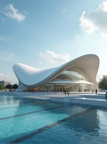 An aquatics centre beside the waterfront, breathtaking structure, by Santiago Calatrava, natural elements,an artistic looking building has many curves in it,futuristic art museum,tempodrom,champalimau