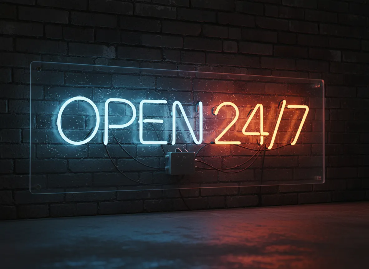 एक अति-यथार्थवादी एआई-जनित नियॉन साइन का क्लोज-अप जिसमें 'OPEN 24/7' लिखा है, जिसमें दृश्यमान ग्लास ट्यूब और एक नरम चमक है।