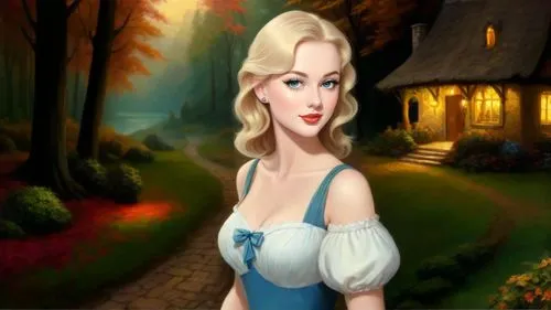 Romantic masterpiece oil painting, cute girl portrait, nostalgic 1950's style kitsch, breathtaking beautiful Autumn woods landscape, mystifying majestic fantasy forest park scenery, hidden medieval co