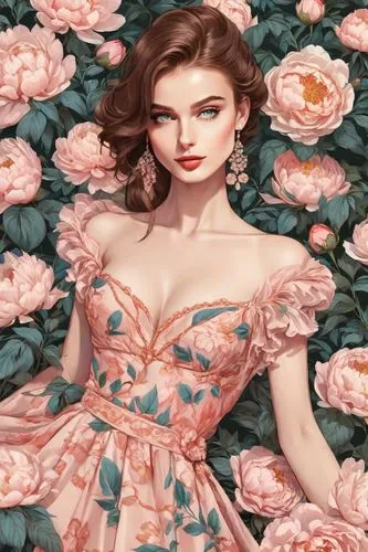 Design a portrait of a beautiful woman standing amidst a bed of vibrant peonies. Capture the delicate, velvety texture of the petals and the intricate details of her dress and jewelry, vector,a girl w
