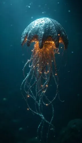 a metallic mechanical jellyfish with metallic tentacles arms, in the deep sea, with small led lights and cables, dramatic lighting, volumetric light, film, cinematic, cybernetic,a jelly fish with ligh