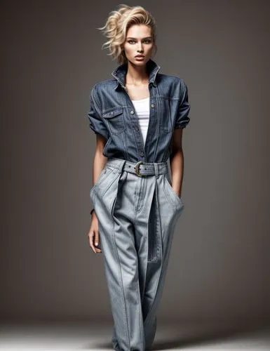 A beautiful fashion model with a purely desirable sweet and spicy clothing style,denim jumpsuit,menswear for women,jumpsuit,denim fabric,woman in menswear,coveralls,women's clothing,women fashion,deni
