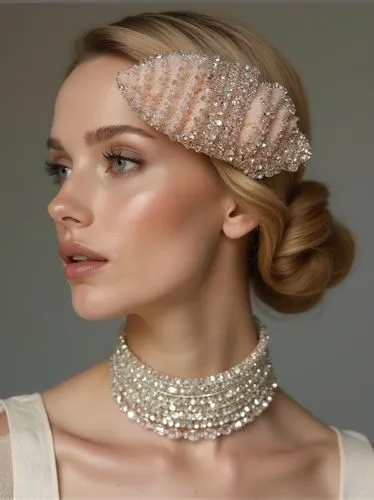 Krynolin style, accessory on a pale pink facecloth hairpin (resembling a seashell in the waves).Fashion show, clear crystal chain headpiece, Krynolin style, accessory on a pale pink facecloth hairpin 