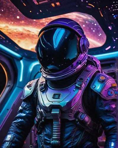 Cosmic astronaut, futuristic spacesuit, shiny metallic helmet, oxygen tank backpack, galaxy-inspired hair design, starry makeup, muscular physique, floating in zero gravity, nebula cloud background, v