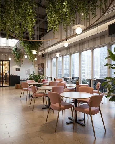 A stylish café with a mix of industrial and biophilic design elements. The ceiling is adorned with hanging greenery, while modern round pendant lights illuminate the space. The furniture includes slee