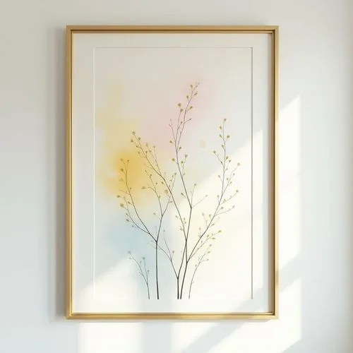 delicate elegant painting on white wall,pastel colors and gold and yellow and blue, simple slim gold frame, frontview, vertical,lineart,abstract branches
,a framed art piece hanging in front of a whit