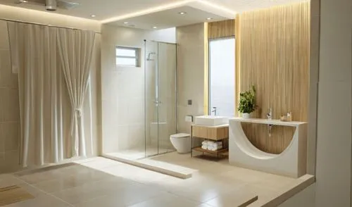 interior bathroom render, use light colors, add realistic  materials, add lighting, add decent room view, right side has louvers
,modern bathroom with wooden decor and white tiled floor,modern minimal