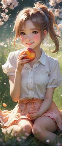 Cute anime girl, holding peach, sweet smile, blush, sparkles in eyes, ponytail hair, ribbon tie, white shirt with short sleeves, orange skirt, bare legs, sitting on grass, sunny afternoon, warm light,