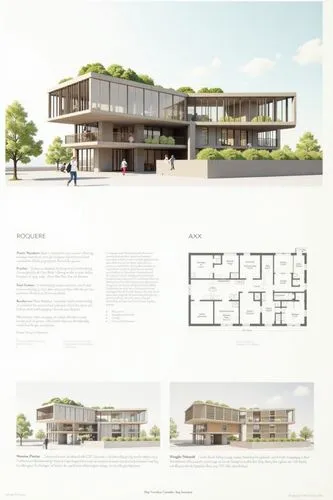 A professional architectural presentation board with a Pure background and a clean, minimalist design layout. The board includes:
Top Section: On the top left, a photorealistic render of a contempora