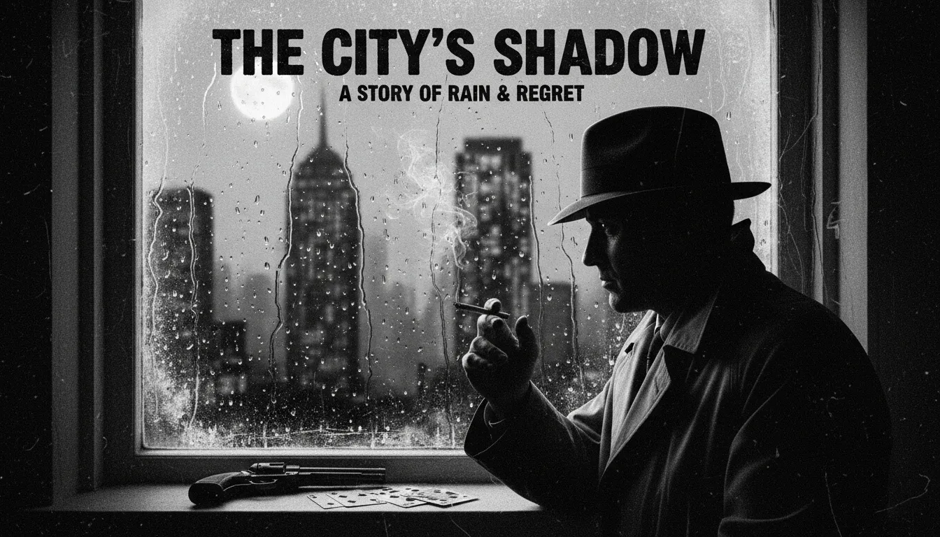 Una locandina Film Noir in bianco e nero ad alto contrasto creata con l'IA, che mostra un detective con un fedora che guarda fuori da una finestra rigata di pioggia.
