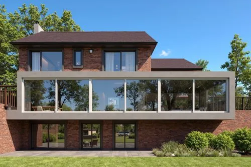 A modern, two-storey brick house with a large, rectangular glass window on the second floor. the house has a dark brown tiled roof and a wooden fence on the left side. The front of the house is visibl