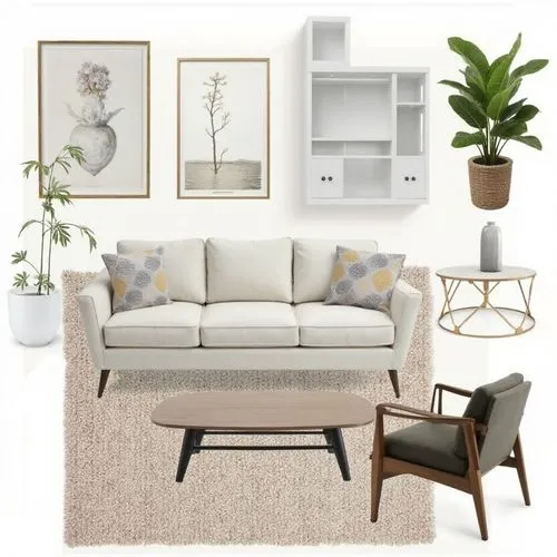 design mood board for living room including: artwork, sofa, armchair, storage cabinet,a living room mood board has two sofas and three chairs,apartment lounge,sofa set,loveseat,modern minimalist loung